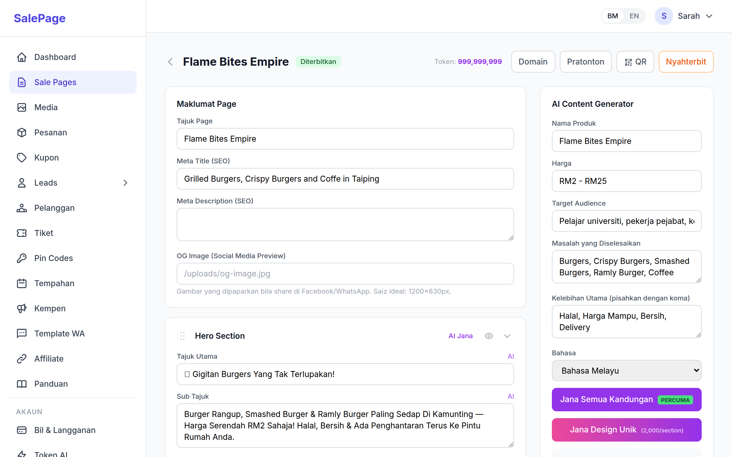 Bina Sale Page Profesional dengan AI